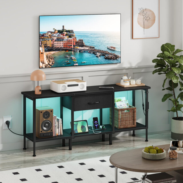 LED TV Stand Unit For 55 50 Inch TV With Socket And USB Slots, TV Cabinet With Fabric Drawer And Open Shelves, 120 Cm TV Stand, Entertainment Center F