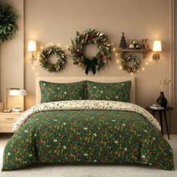 Christmas Duvet Cover Set – Frosted Green Pine Tree Bedding with Pillowcases, Soft Breathable Washable