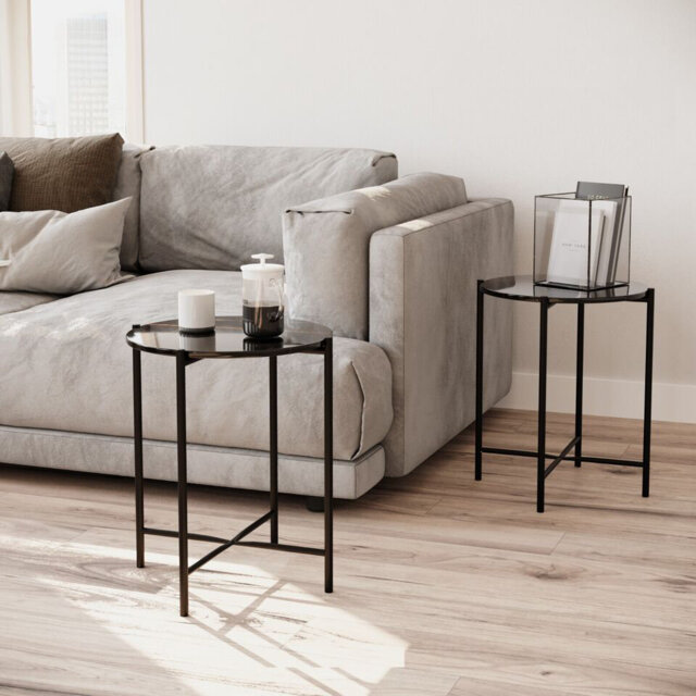 Set of 2 Pcs Marble Effect Tops Square Side End Coffee Table Metal Frame