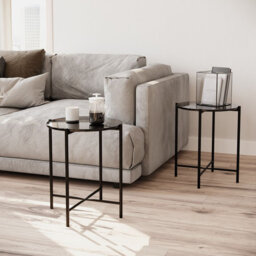 Set of 2 Pcs Marble Effect Tops Square Side End Coffee Table Metal Frame