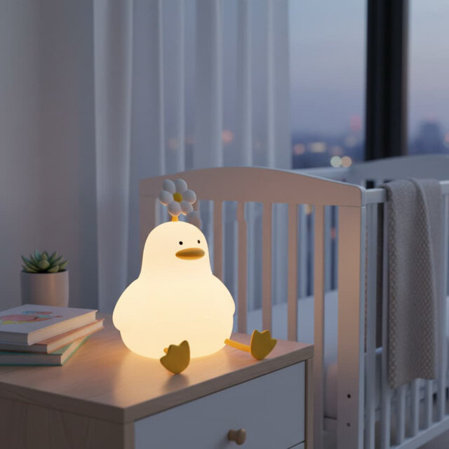Cute Cartoon Animal Night Light: Safe Silicone LED Lamp for Toddlers - Flower Duck Design
