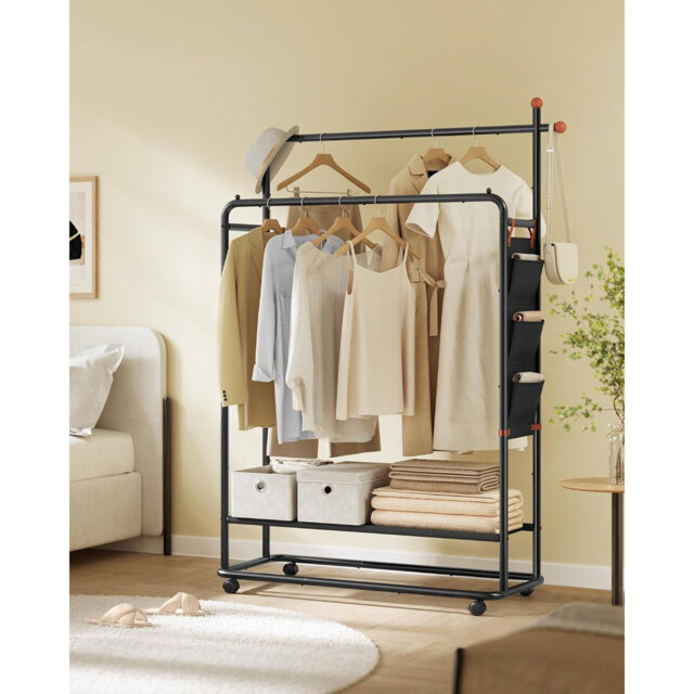Clothes Rail, Clothes Rack On Wheels, Portable Clothing Rack, With 2 Clothes Hanging Rails, Fabric Shelf And Storage Bag,Ink Black