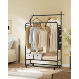 Clothes Rail, Clothes Rack On Wheels, Portable Clothing Rack, With 2 Clothes Hanging Rails, Fabric Shelf And Storage Bag,Ink Black