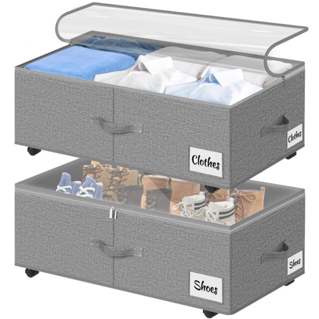 2-Pack 60L XXL Rolling Under Bed Storage Drawers With Wheels, 24Cm Low-Profile Under Bed Storage Boxes With Clear Lids, Zippers & Labels, Tool-Free As