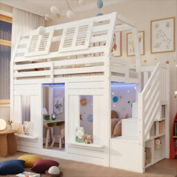 3FT Bunk Bed Loft Bed with Hydraulic Storage with LED Lighting Solid Wooden Frame with Fall Protection with Storage Stairs Window Shape Design