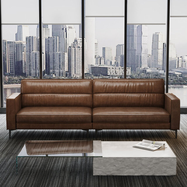 Contemporary Brown Waxed Leather Settee, 220cm Wide 3-Seater Couch with Sturdy Steel Legs Fast Dispatch From UK Warehouse â Dispatched Within 2 Days