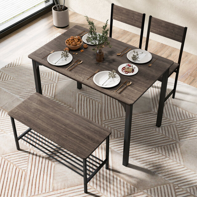 4-Piece Grey Dining Table Set Kitchen Table With 2 Chairs & A Bench