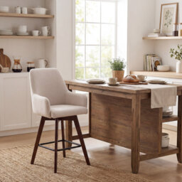 Upholstered Bar Stool with Wooden Legs Modern Counter Stool with Back & Footrest Comfortable Kitchen Island Stool for Home Bar