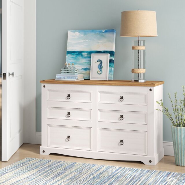 Choe 6 Drawer Chest, white and Antique wax, Corona design