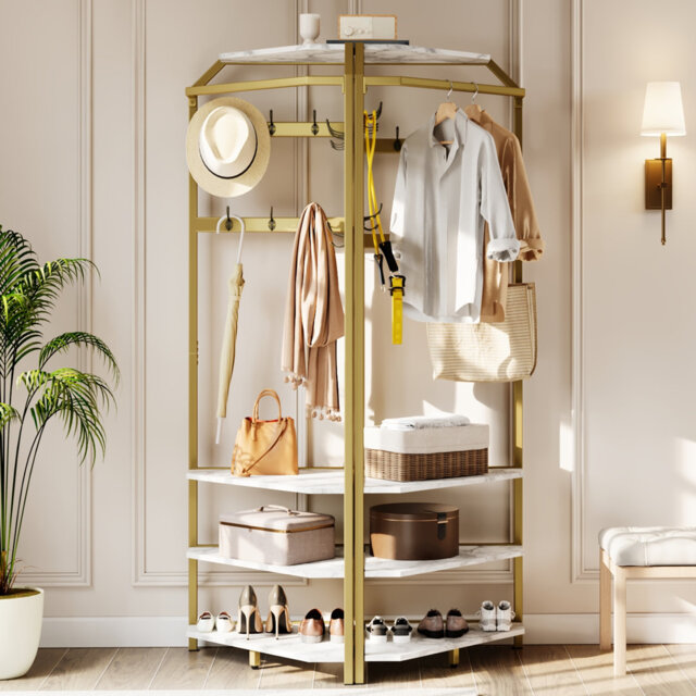 Corner Coat Rack with Shoe Bench and 6 Hooks, 51x51x180cm