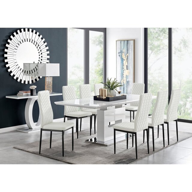 Alezzo Modern High Gloss Extendable Dining Table Set with 8 Quilted Faux Leather Dining Chairs