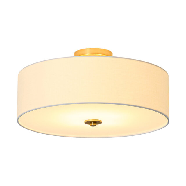 4-Light White Linen Shade Round Drum Design Brass Semi Flush Mount