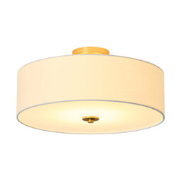 4-Light White Linen Shade Round Drum Design Brass Semi Flush Mount