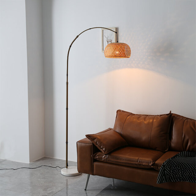 Vintage Style Floor Lamp with Bamboo Lampshade and Base