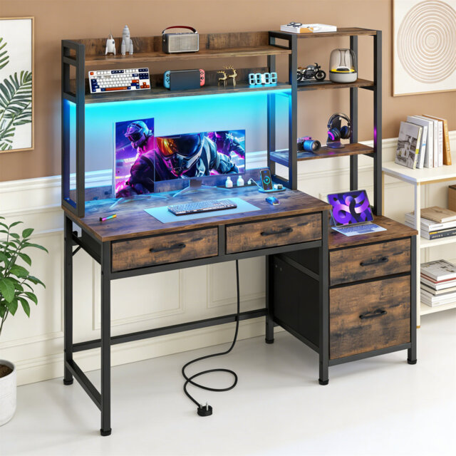 Computer Desk With Drawers, Home Office Corner Computer Table With Storage & Shelves, Gaming Desk Workstation With LED Lights & Power Outlets, Study T