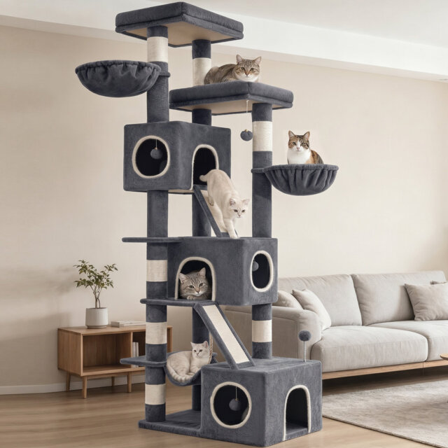 Tall Cat Tree, 211cm Multi-Level Cat Tower Large Cats - Cat Furniture with 7 Scratching Posts, 3 Spacious Condos, 2 Platforms, 2 Scratching Ramp, Bask