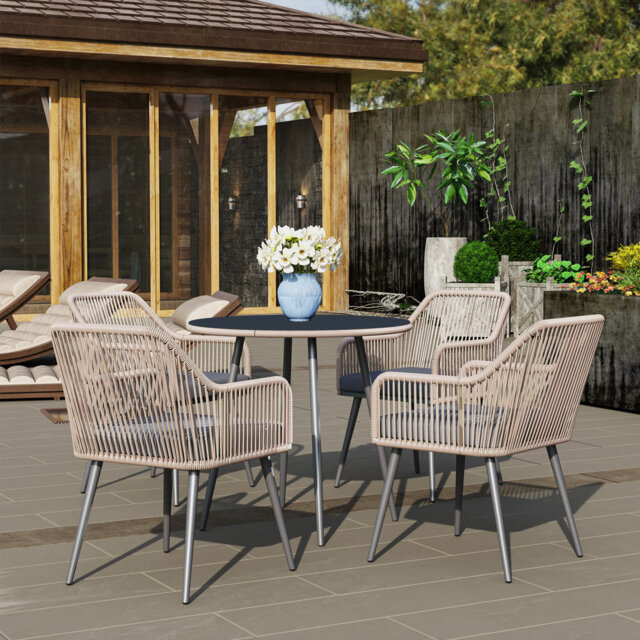Light Brown 4 Seater Rattan Garden Dining Set With Cushions And Glass Table