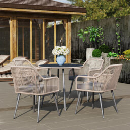 Light Brown 4 Seater Rattan Garden Dining Set With Cushions And Glass Table