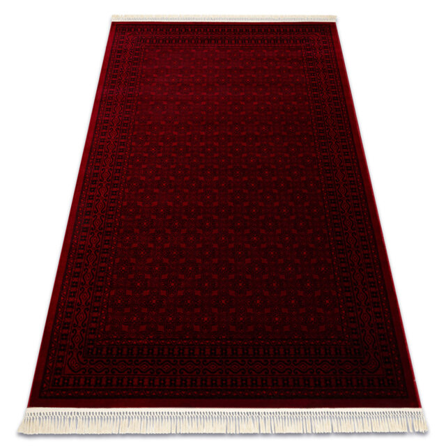 Luca 2958 – Elegant rug with fringes in burgundy & black – Classic Lucaal rug with ornamental & frame pattern