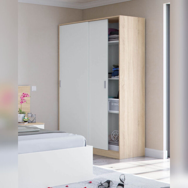 Artic White And Oak Effect Small Narrow Sliding 2 Door Wardrobe 120cm Wide