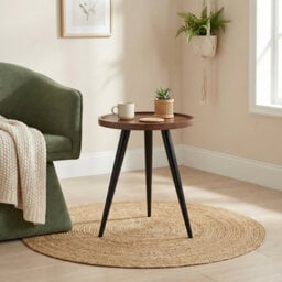 Maya Circular Dark Walnut Stain Wooden Side End Table With Tapered Legs - Three Legged Farmhouse Design