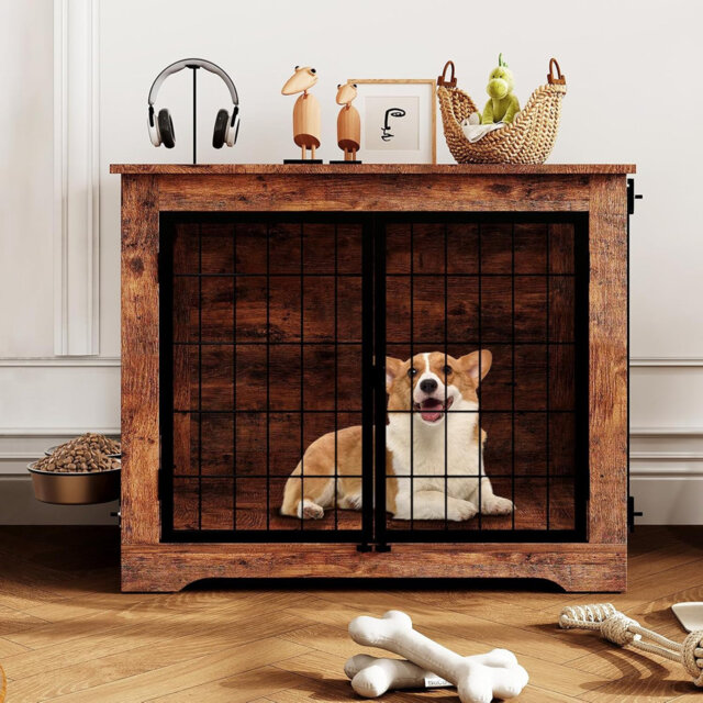 32 inch Heavy Duty Dog Crate Furniture Rustic Wooden Dog Cage Kennel Indoor Furniture with 2 Rotating Dog Bowls Chew-Resistant Dog Kennel for Small,Me