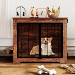 32 inch Heavy Duty Dog Crate Furniture Rustic Wooden Dog Cage Kennel Indoor Furniture with 2 Rotating Dog Bowls Chew-Resistant Dog Kennel for Small,Me