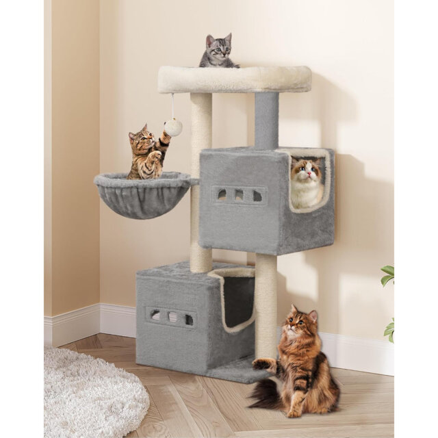 Cat Tree, 98 cm Tower, Sisal Scratching Post, Cats Tower for Indoor, Multi-Level Stable Cat Tree with Cats House, 2 Caves, Pompoms,  Dark Grey, Light