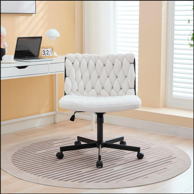 Criss Cross Chair With Wheels, Wide Seat Home Office Desk Chair, Armless Makeup Vanity Chair, Modern Cross Legged Swivel Comfy Chair, Computer Task Ch
