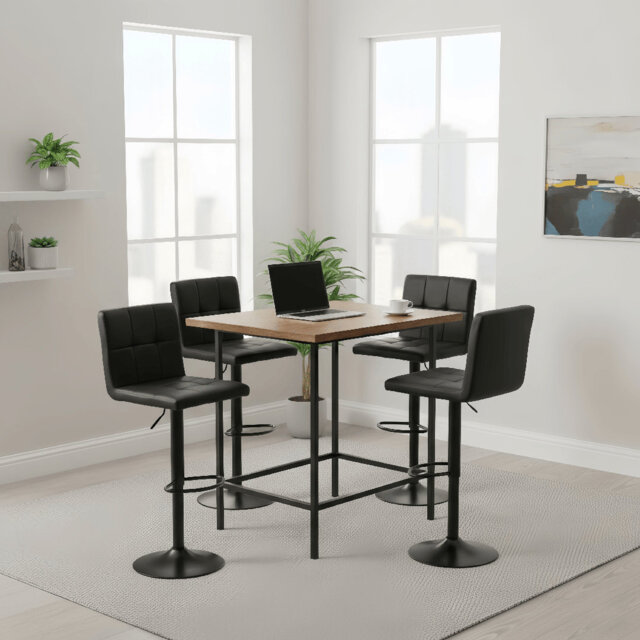 Bar Stools Set Of 4, Adjustable Height,PU Leather,360° Swivel Kitchen Stools With Backrest And Footrest, Anti-Slip Metal Base For Kitchen Home Bar, Bl