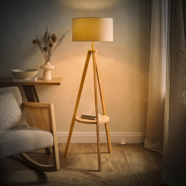 Ismay 149 cm Morrigan Wood Tripod Floor Lamp with Shelf & XL Reni Shade