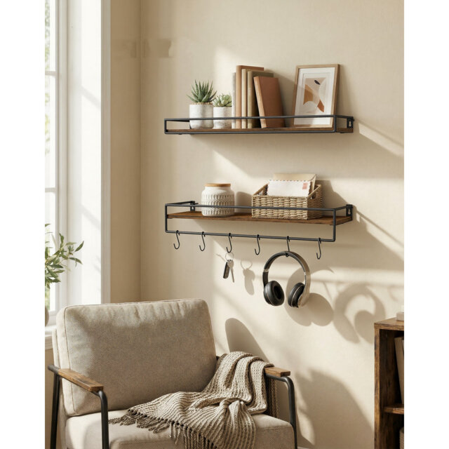Spice Racks, Set Of 2, Floating Shelves With Guard Rails, Wall Shelves, Storage On The Wall, For Kitchen, Bedroom, Living Room, 60 Cm Wide, Rustic Bro