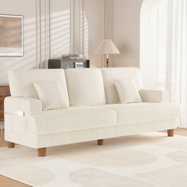 220cm Corduroy Sofa with 3 Seats, No Tool Assembly,Solid Wood Frame and Solid Wood Legs