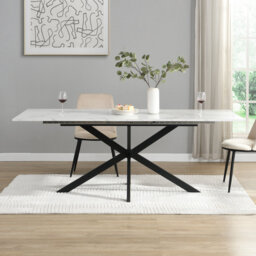 Modern White Marble-Look Extendable Dining Table with Black X-Leg Base