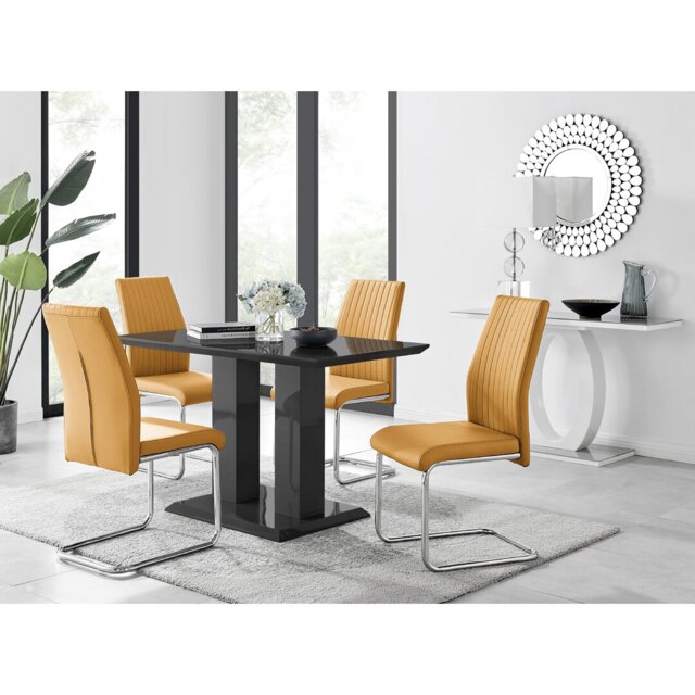 Edzard Double Pedestal High Gloss Dining Table Set with 4 Luxury Faux Leather Dining Chairs