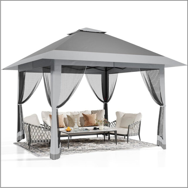13X13 Pop Up Gazebo, Outdoor Canopy Tent With Mosquito Netting, [Adjustable Height & Spacious] Pop Up Tent With Double Roof, Uv-Resistant Outdoor Gaze