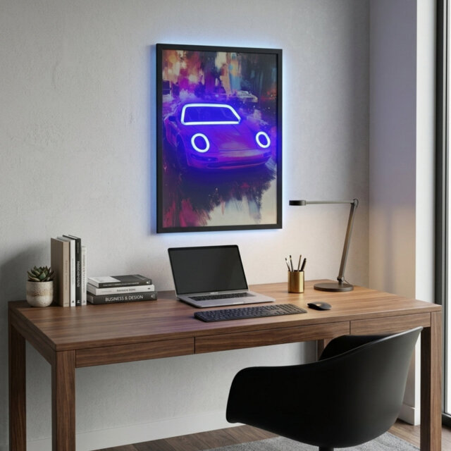 Porsche 911 Style Neon Led Wall Art - 60x40cm Cityscape Canvas Usb