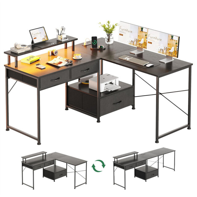 L Shaped Computer Desk With Power Outlet  LED Lights,  Reversible Corner Gaming Desk With Drawers, 2 Person Office Study Table Computer Workstation Fo