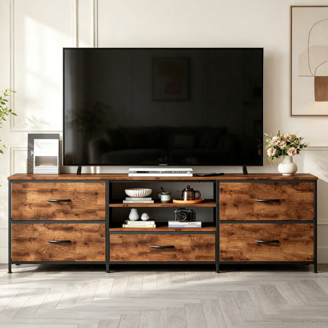 "Unfinished TV Stand for TVs up to 65"" with Fireplace Included"