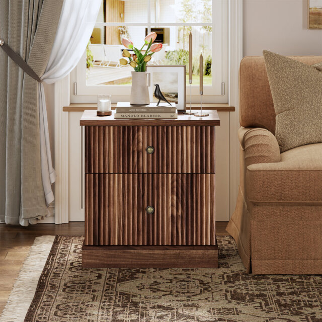 Modern Fluted 2 Drawer Wooden Nightstand, 61cm High Bedside Table with Curved Base, Accent Storage Cabinet for Bedroom Living Room Office, Brown