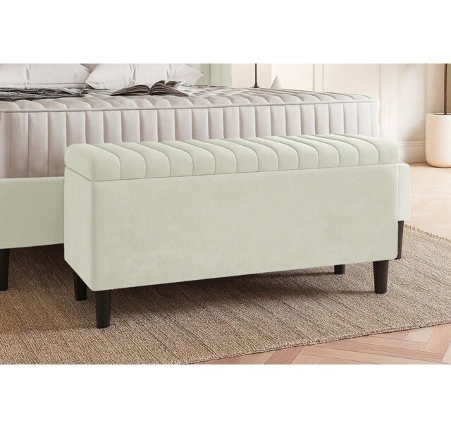 Plush Velvet Lined Upholstered Ottoman Storage Box with Wooden Legs