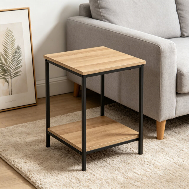 Square Side Table with Bottom Storage Shelf, Steel Frame Nightstand, Easy Assembly Accent End Table for Bedroom Living Room, Oak Finish 40×40×51cm