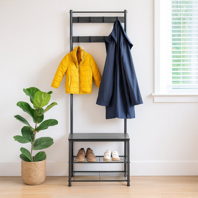 Square Steel Coat Rack with Shoe Storage Bench
