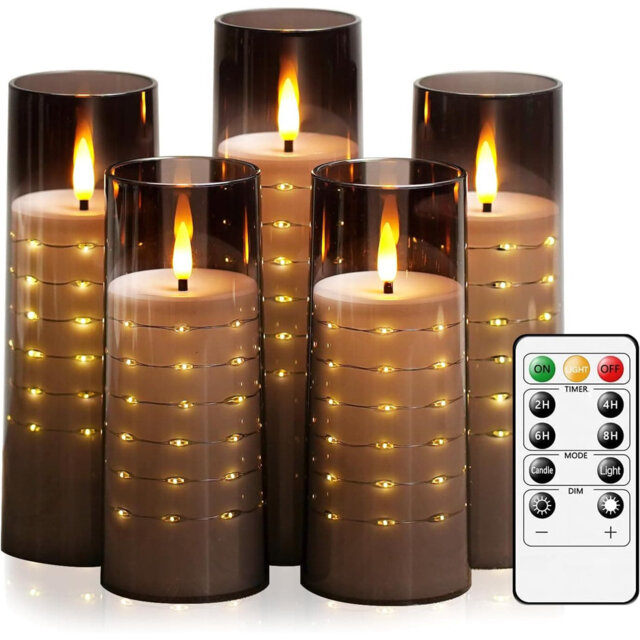 5 Pack Grey Flameless LED Candles:Embedded Star String, Flow Flicker, Realistic Flame, Battery-Operated