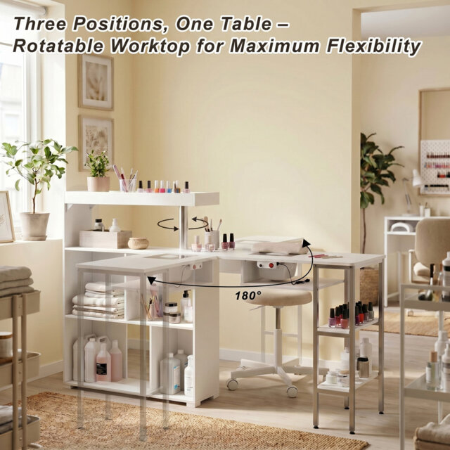 120cm White Rotating Manicure Table & Nail Desk with Built-In Dust Collector & Storage Tower