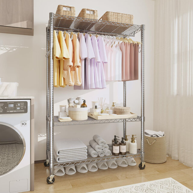 Heavy Duty Rolling Clothes Rail with Wheels and Side Hooks, Freestanding Metal Garment Rack with Adjustable Shelves, Portable Wardrobe Organiser, 314