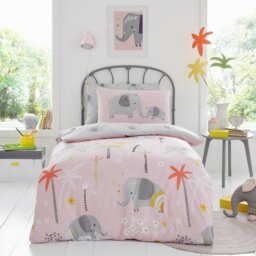 Kids Jungle Elephant Duvet Cover Set Polycotton Bed Linen with Pillowcases Soft Comfortable Quilt Cover Button Closure Easy Care Durable