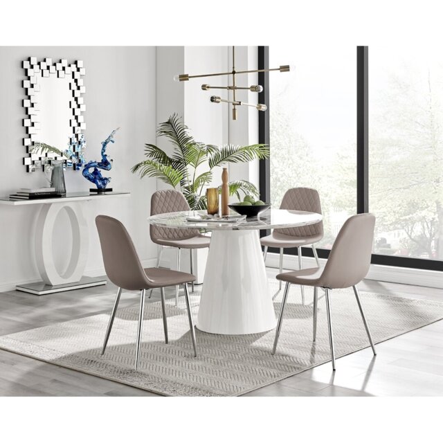 Edzard Statement Round Dining Table Set in Luxury Marble Effect & 4 Faux Leather Dining Chairs