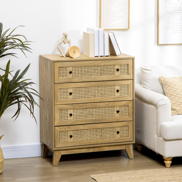 Chest of Drawers, 4-Drawer Storage Organiser Unit with Rattan Element for Bedroom, Living Room