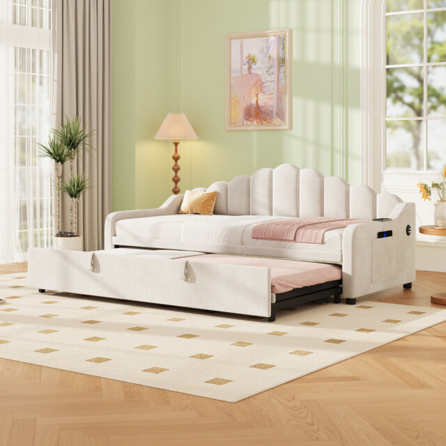 Velvet Upholstered Daybed with Pull-out Trundle with Side Charging Station & Storage Pockets (No Mattress)